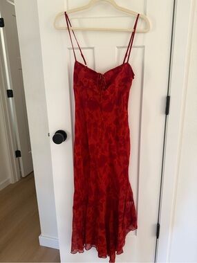 Peppermayo Deep Red Floral Satin Midi Dress
